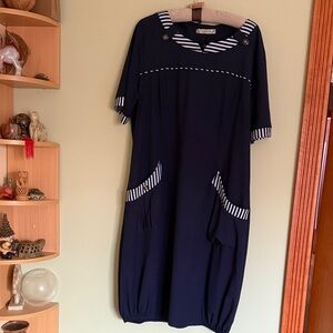 Navy Striped Midi Dress with Button Detail
